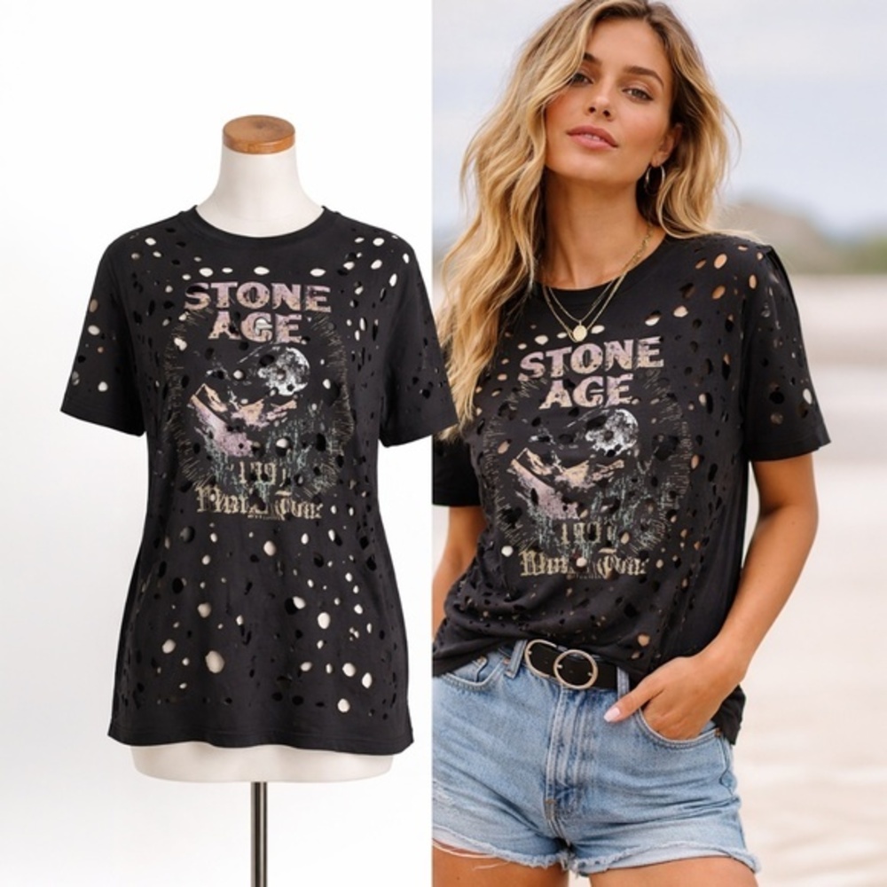 Volcom Distressed Graphic Tee Stone Age Black Cutout Band Tee Size S